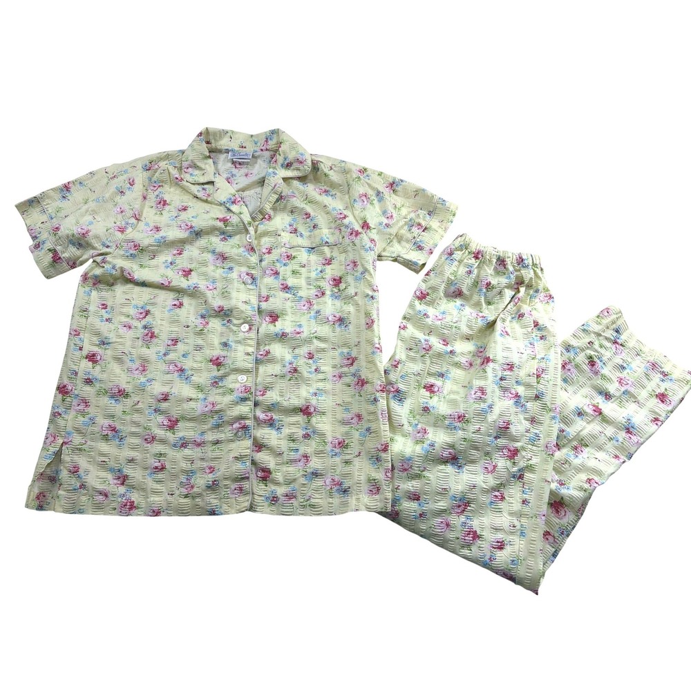 Character Vintage Floral Pajama Set Yellow Seersucker Small Cottagecore‎ 2pc